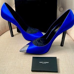 Yves Saint Laurent Blue Satin Crystal Embellished Heels